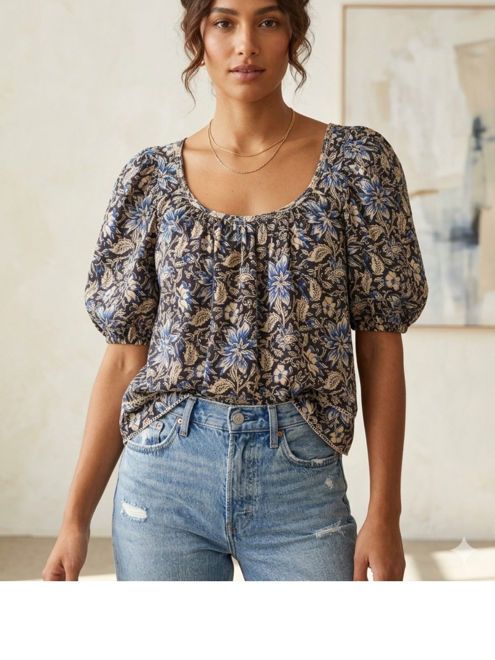 Madewell Puff-Sleeve Scoopneck Top Dark Carob Floral Print Voluminous Puff